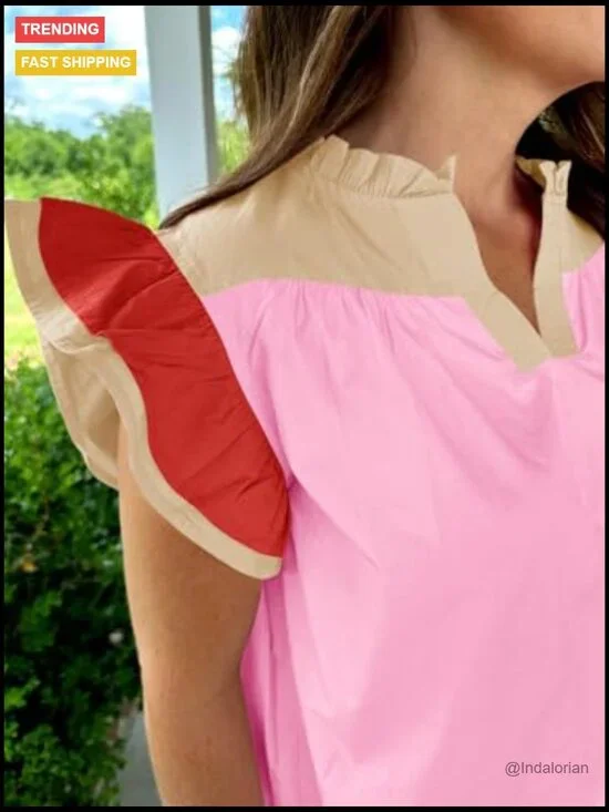 100% Cotton V-Neck Blouse Loose Fit Ruffle Color Block Tank Top - Picture 2 of 7